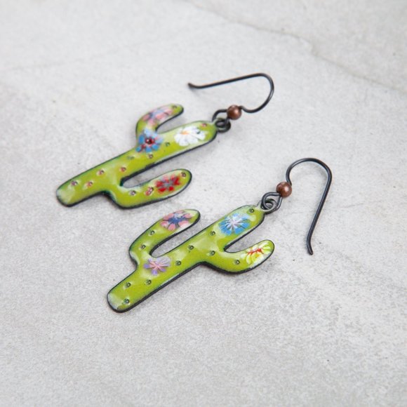 Handmade Copper Enamel Cactus Earrings Hand Crafted Artisan Vitreous Enamel - Picture 6 of 9